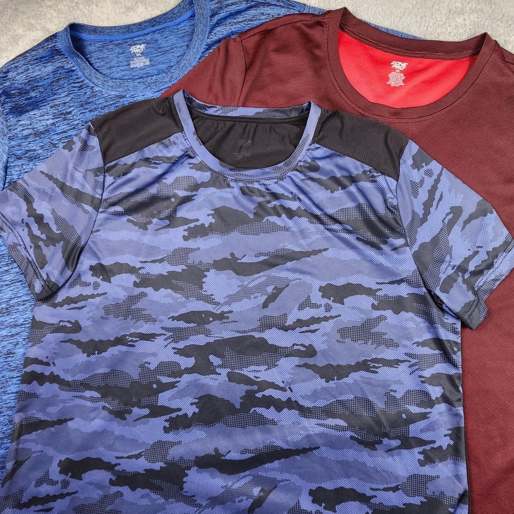 Mens 2XL Athletic T Shirts Short Sleeve Red Blue Black Camo Zone Pro Bundle of 3